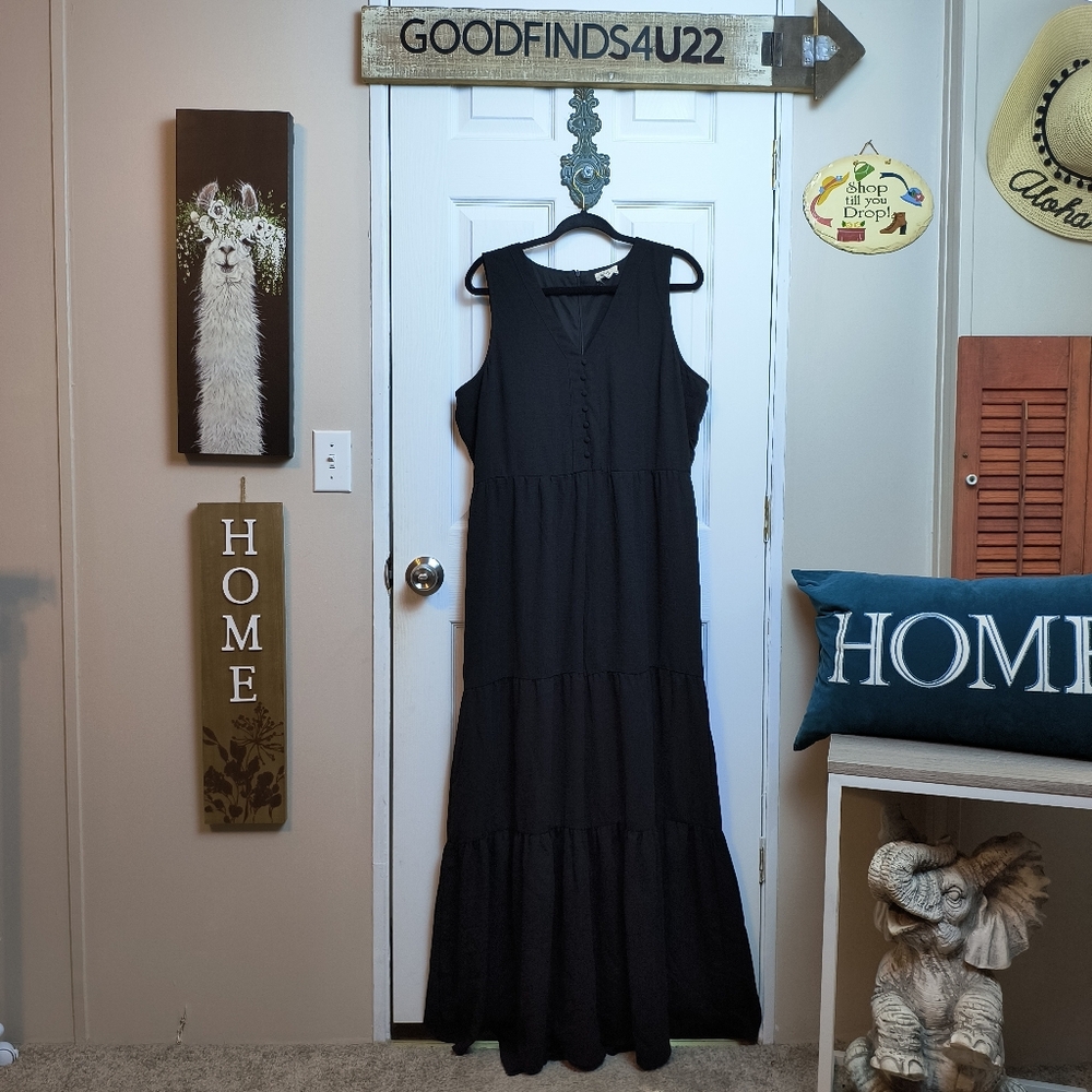 Sandy & Sid Black Vneck Sleeveless Ruffled Tiered Wide leg Jumpsuit XL